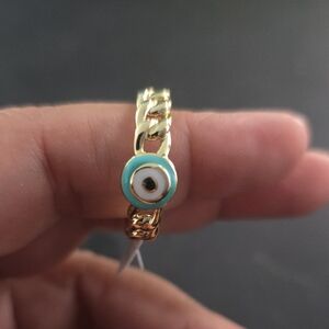 14k Gold Plated Chain Ring with Turquoise and White Evil Eye Accent